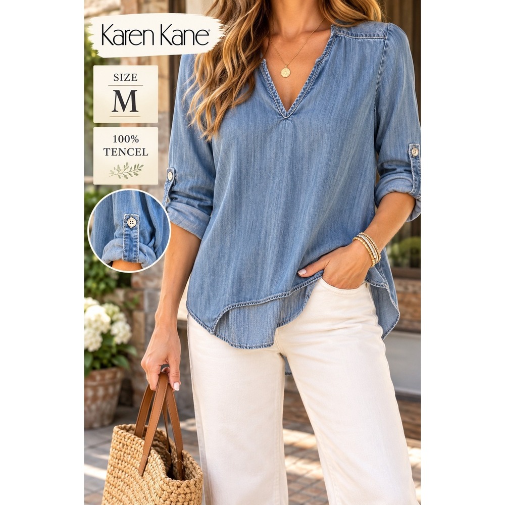 Karen Kane Blue Tencel Chambray V-Neck Roll Tab Sleeve Top L66079 Mens M
